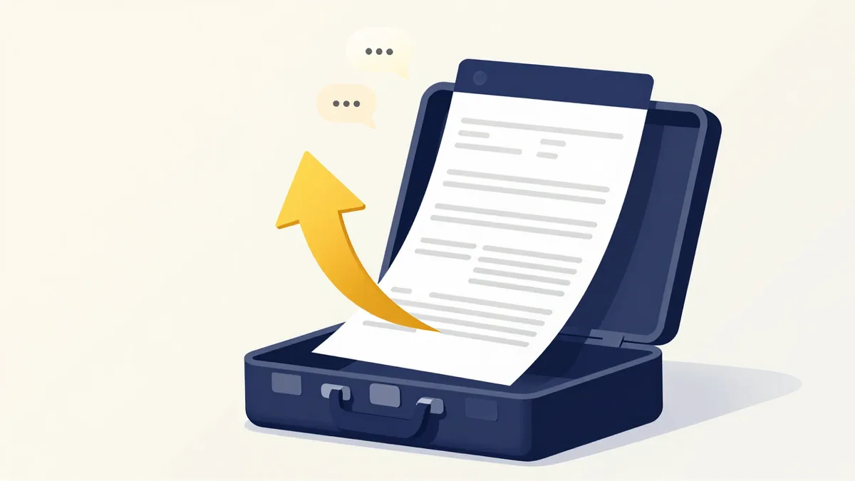 Illustration : un CV sort d'une mallette et devient un CV en anglais soigné, sans photo