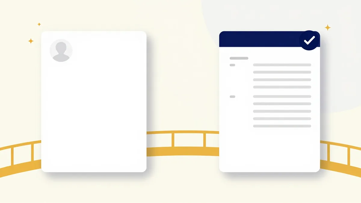 Illustrazione: due CV uniti da un ponte dorato, da un curriculum con foto a un CV in inglese senza foto