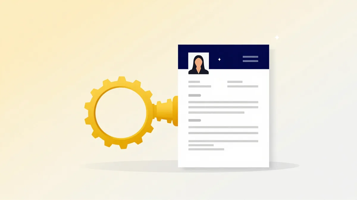 Illustration: a CV with a photo passes through a golden ring and becomes an English CV