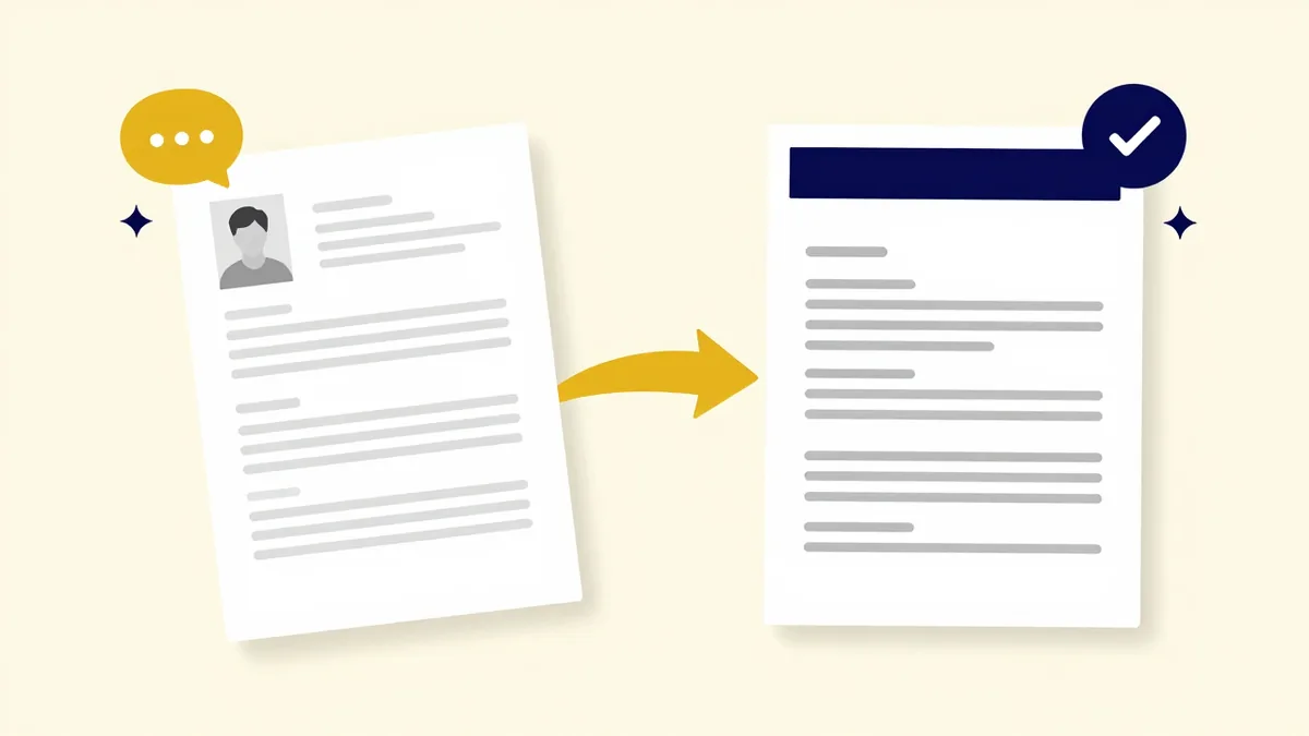 Ilustración: un currículum en español con foto se convierte en un CV en inglés sin foto, listo para enviar