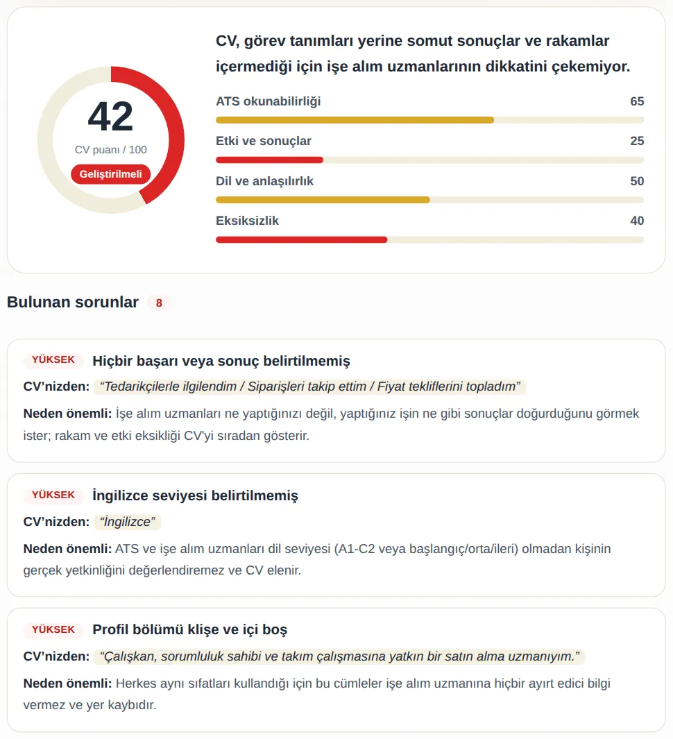 MyEasyCV ücretsiz CV kontrolü: örnek bir Türkçe CV için CV puanı, dört alan puanı ve bulunan sorunlar