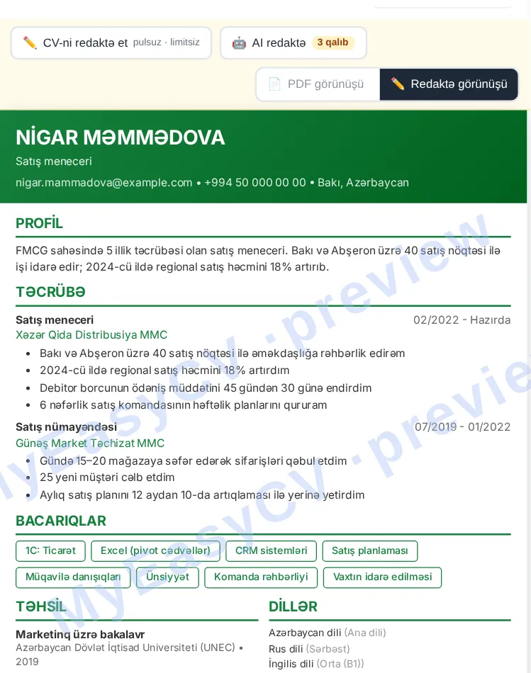 MyEasyCV önizləməsində Azərbaycan dilində hazır CV