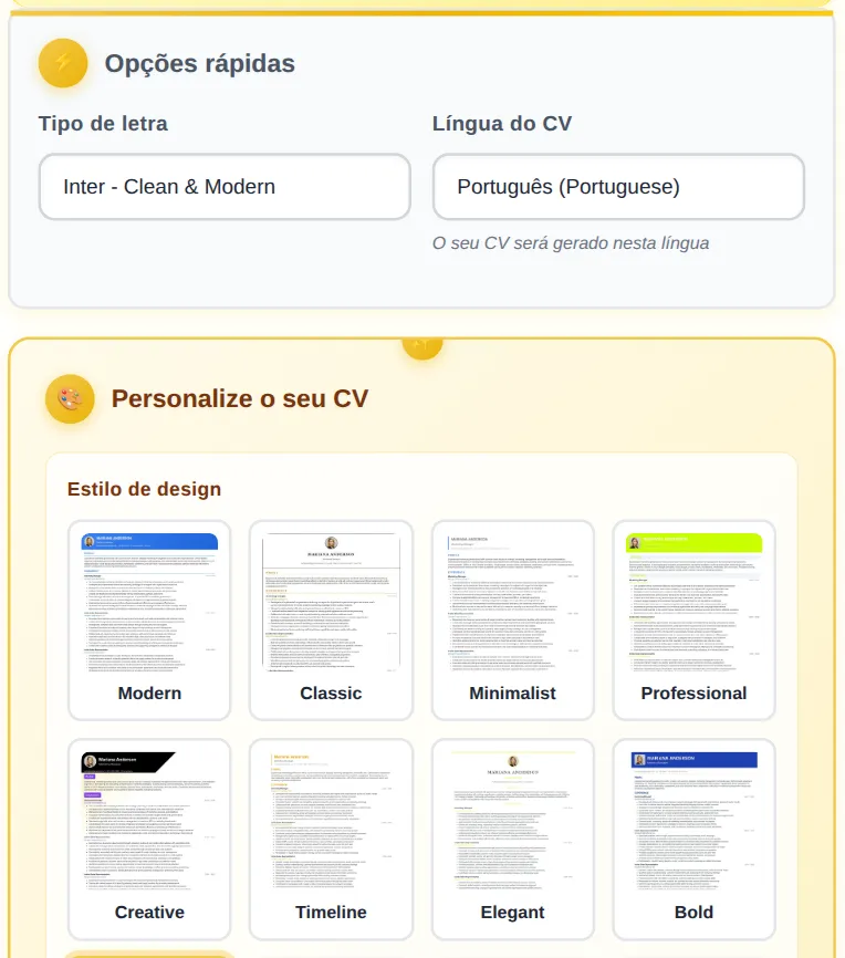 Escolha do modelo de currículo, do tipo de letra e da cor no CV maker da MyEasyCV