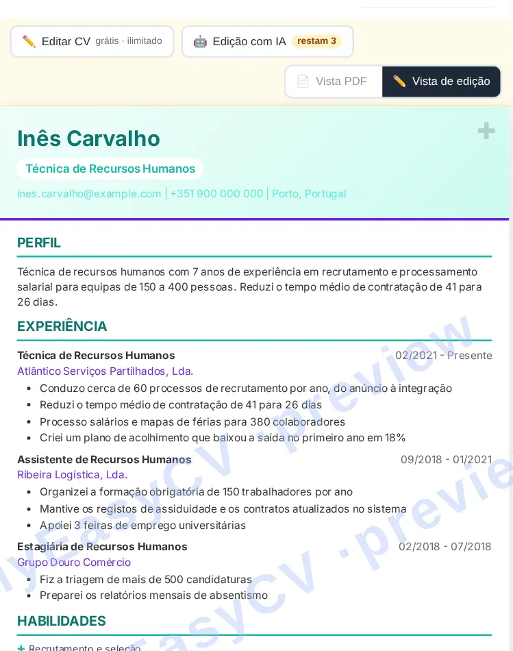 Pré-visualização de um currículo gerado na MyEasyCV antes de transferir o PDF