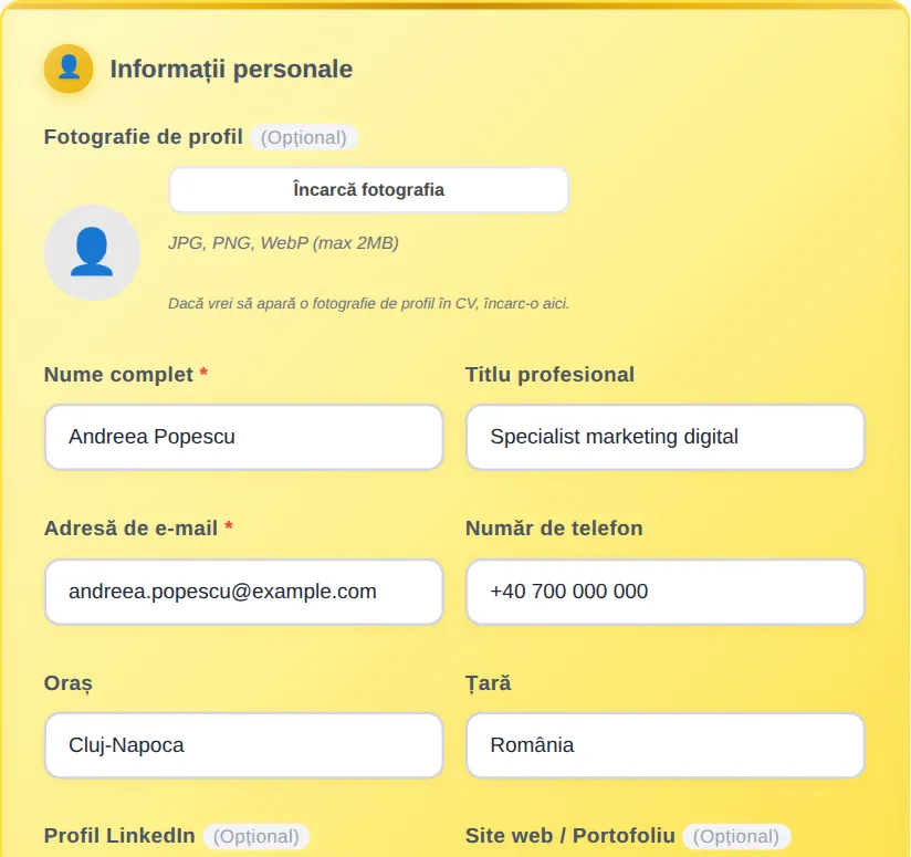 Formularul de creare CV din MyEasyCV, completat în limba română