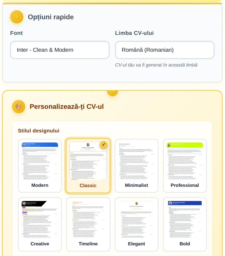 Alegerea modelului de CV, a fontului și a culorii în CV maker-ul MyEasyCV
