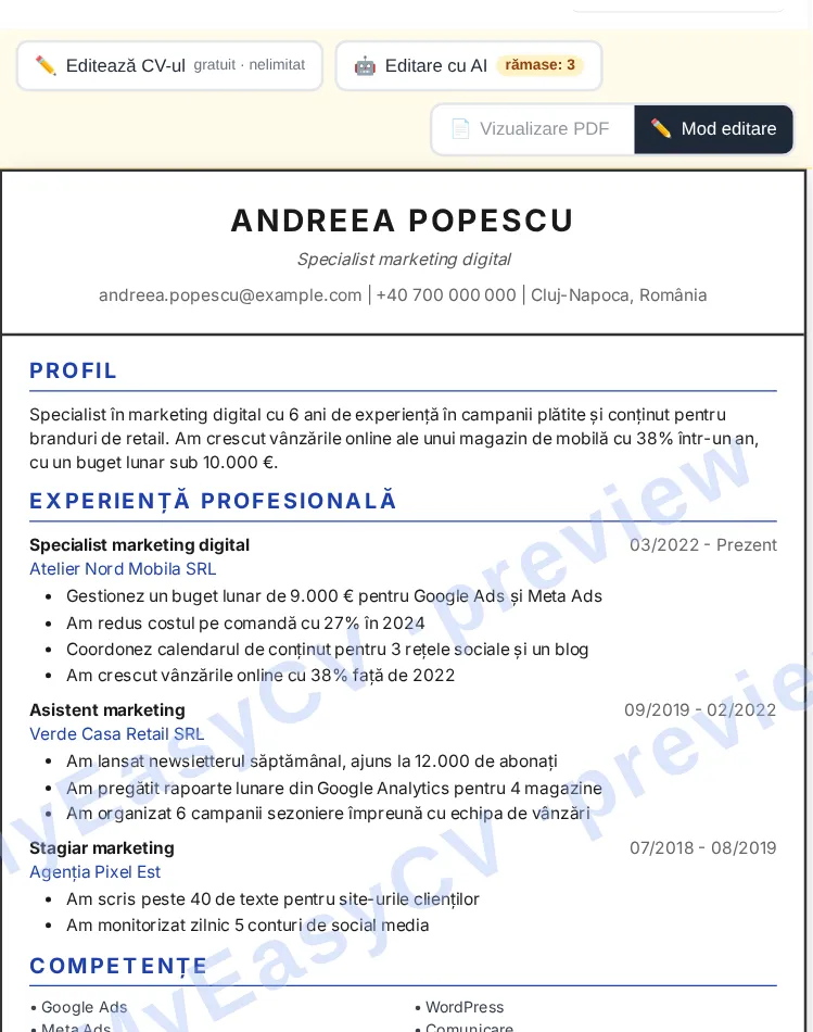 Previzualizarea unui CV generat în MyEasyCV, înainte de descărcarea PDF