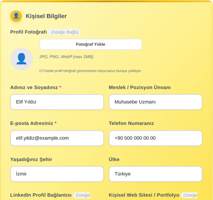 MyEasyCV CV hazırlama formu: kişisel bilgi alanları Türkçe doldurulmuş