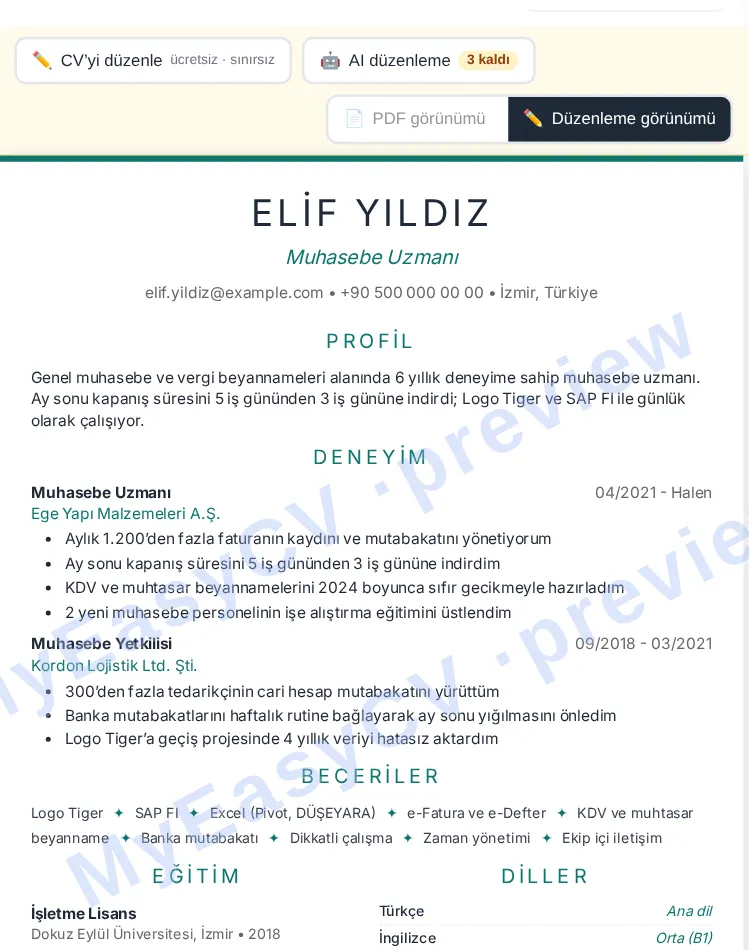 MyEasyCV önizlemesinde hazırlanmış Türkçe CV