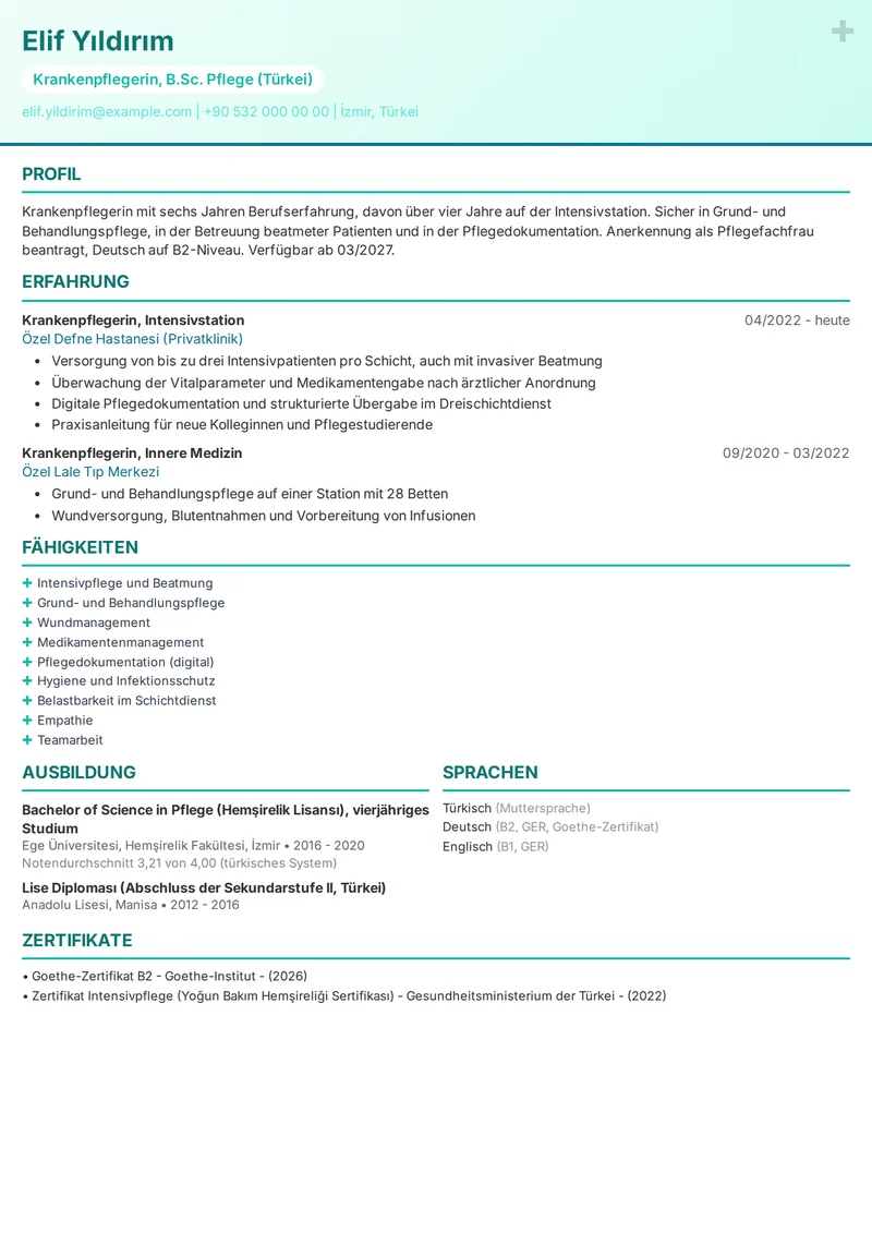Türkiye'den kurgusal bir hemşirenin Almanca CV örneği (Lebenslauf), Healthcare şablonu, tek sayfa