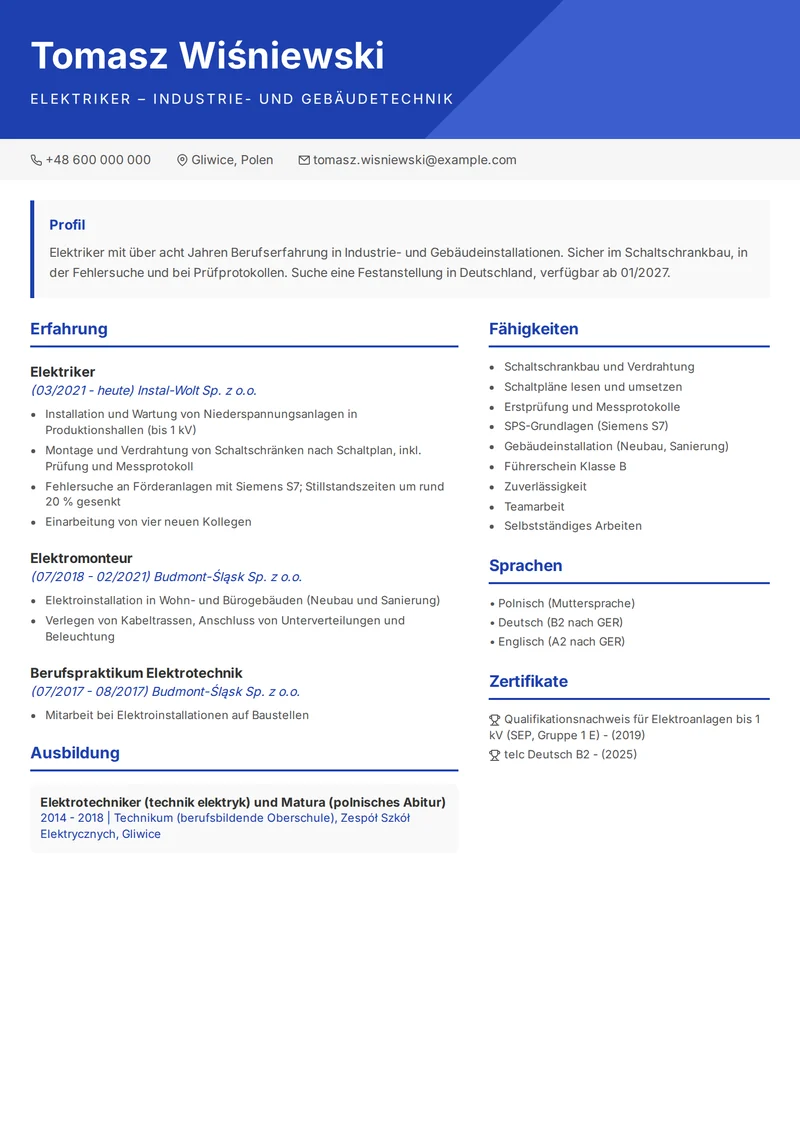 Przykład CV po niemiecku (Lebenslauf) fikcyjnego elektryka z Polski, szablon Palmerston, jedna strona