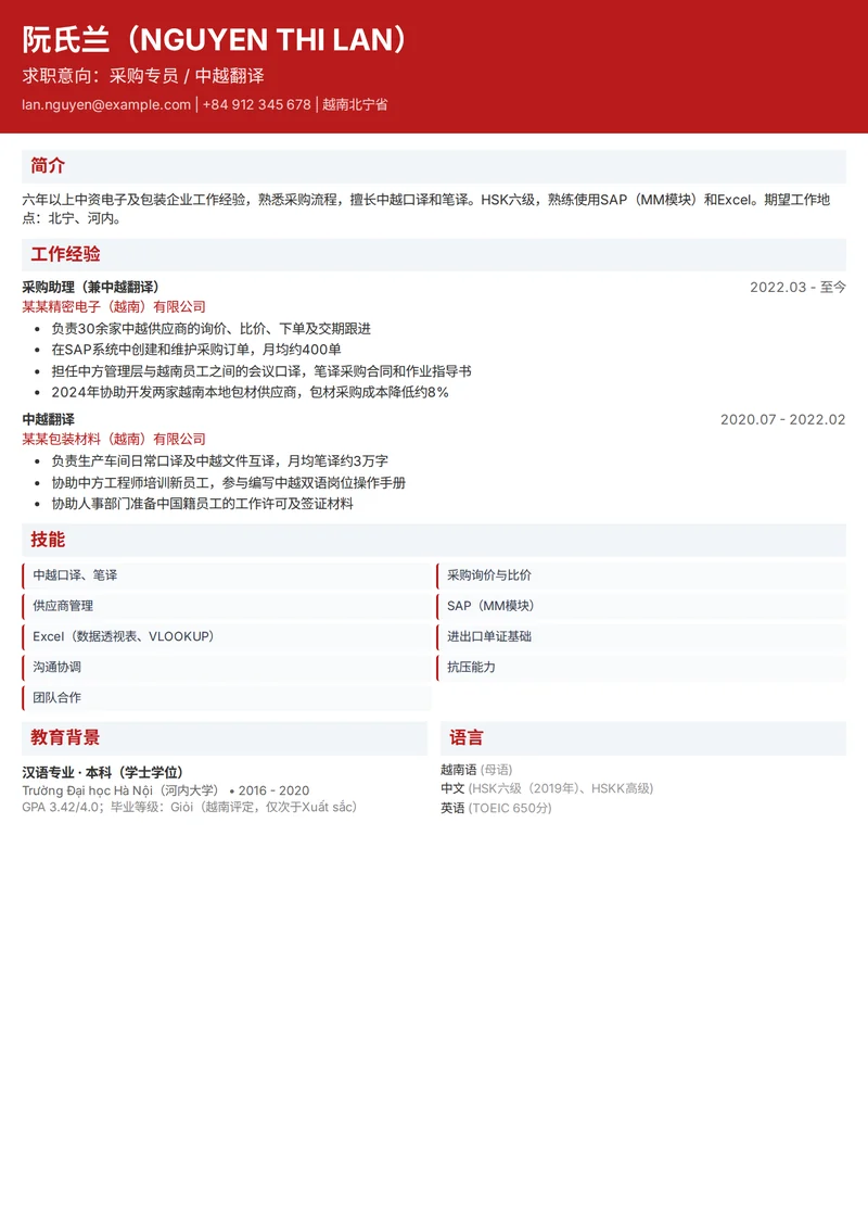 CV tiếng Trung mẫu, chữ giản thể, của nhân vật hư cấu Nguyễn Thị Lan, ứng tuyển vị trí mua hàng và phiên dịch, mẫu Chuyên Nghiệp