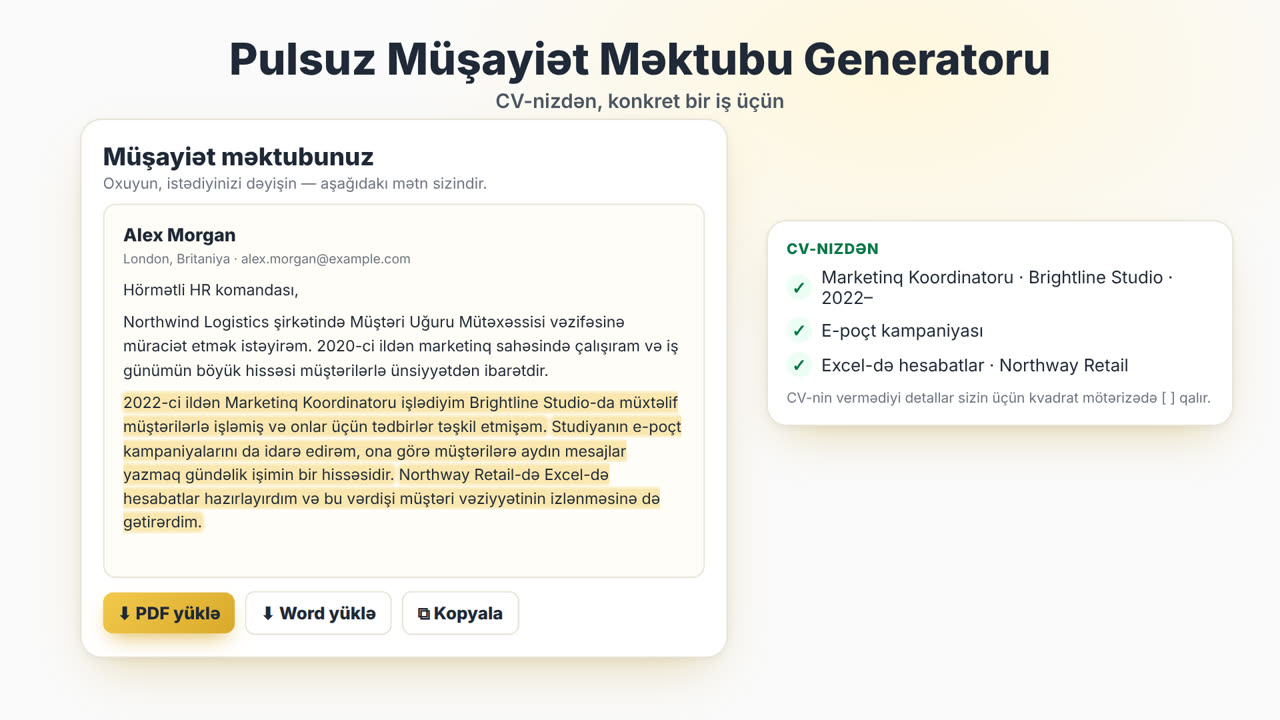 MyEasyCV Müşayiət Məktubu Generatoru necə işləyir: CV-ni yüklə, vakansiya təsvirini yapışdır, müşayiət məktubu al, PDF və ya Word kimi yüklə, sonra CV-ni eyni işə uyğunlaşdır.