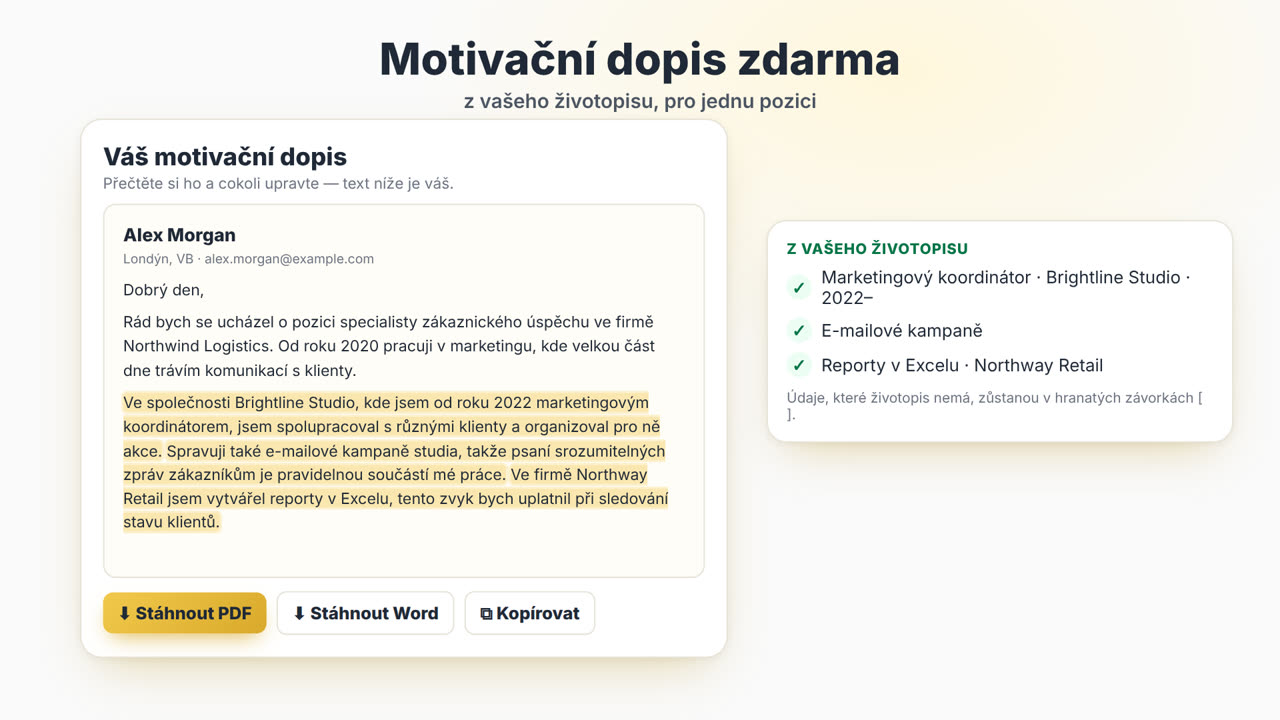 Jak funguje Generátor motivačních dopisů MyEasyCV: nahrajte životopis, vložte pracovní nabídku, získejte motivační dopis, stáhněte ho jako PDF či Word a pak přizpůsobte životopis stejnému inzerátu.