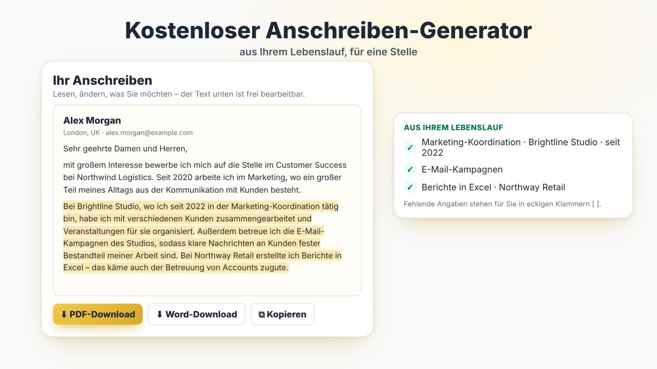 So funktioniert der Anschreiben-Generator von MyEasyCV: Lebenslauf hochladen, Stellenanzeige einfügen, Anschreiben erhalten, als PDF oder Word herunterladen und dann den Lebenslauf auf dieselbe Stelle zuschneiden.
