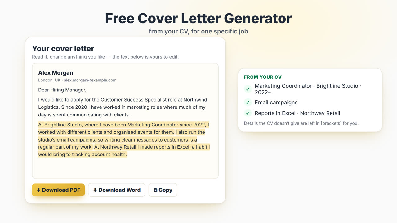 How the MyEasyCV Cover Letter Generator works: upload your CV, paste the job description, get a cover letter, download it as PDF or Word, then tailor your CV to the same job.