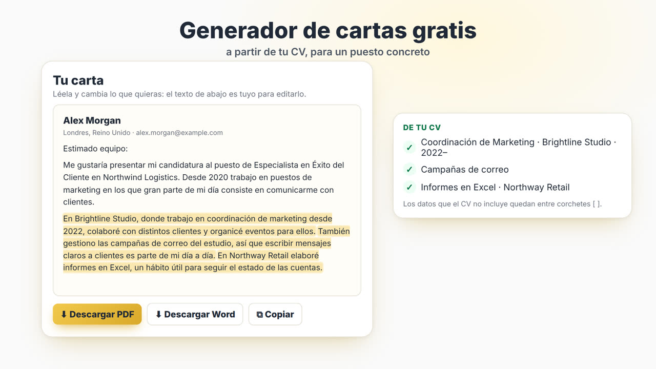 Cómo funciona el Generador de cartas de presentación de MyEasyCV: sube tu CV, pega la oferta de empleo, obtén una carta, descárgala en PDF o Word y adapta tu CV al mismo puesto.