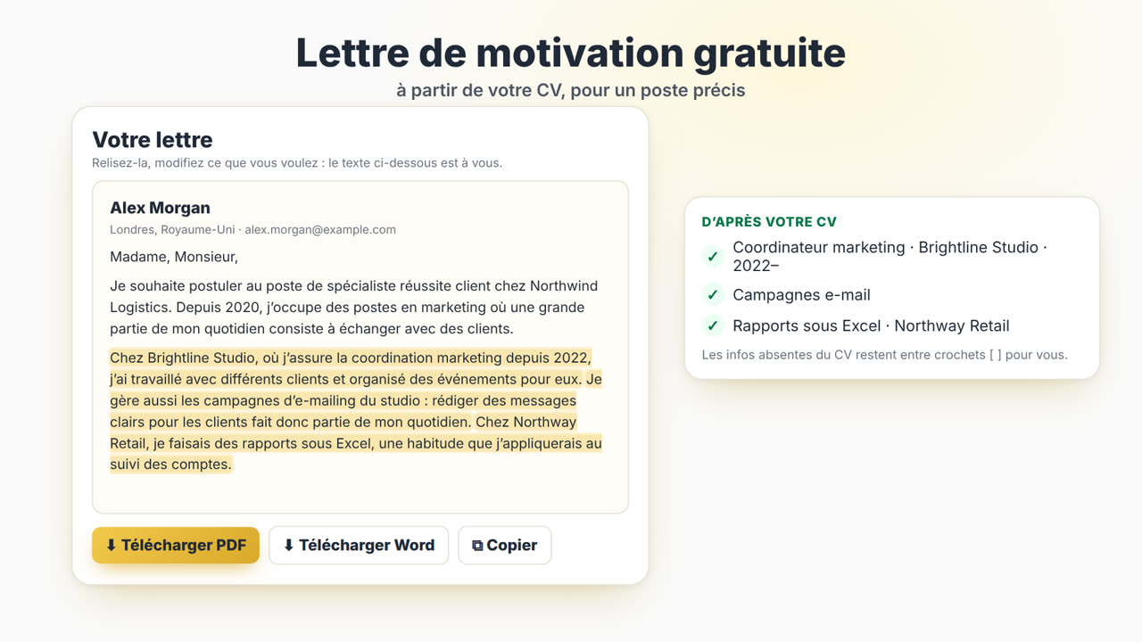 Comment fonctionne le générateur de lettre de motivation MyEasyCV : importez votre CV, collez l’offre d’emploi, obtenez une lettre de motivation, téléchargez-la en PDF ou en Word, puis adaptez votre CV à la même offre.