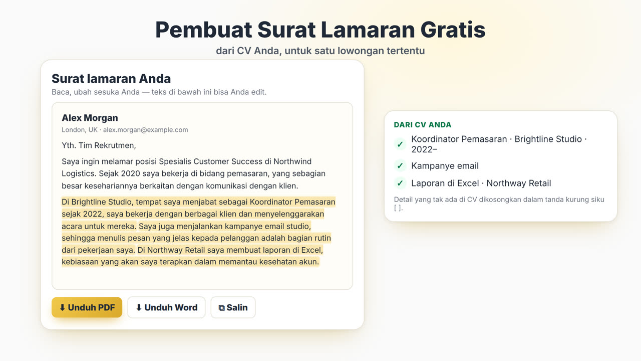 Cara kerja Pembuat Surat Lamaran MyEasyCV: unggah CV Anda, tempel deskripsi lowongan, dapatkan surat lamaran, unduh sebagai PDF atau Word, lalu sesuaikan CV Anda dengan lowongan yang sama.