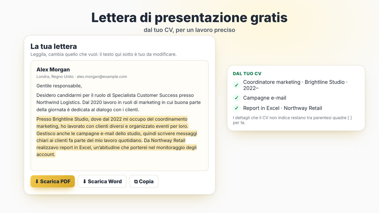 Come funziona il Generatore di lettera di presentazione di MyEasyCV: carica il tuo CV, incolla l’annuncio di lavoro, ottieni una lettera di presentazione, scaricala in PDF o Word, poi adatta il CV allo stesso annuncio.