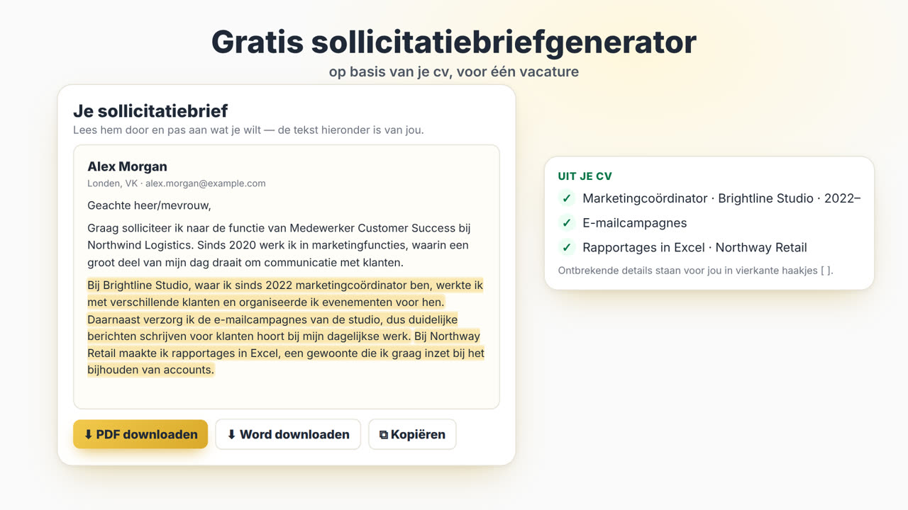 Zo werkt de MyEasyCV Sollicitatiebriefgenerator: upload je cv, plak de vacaturetekst, ontvang een sollicitatiebrief, download hem als PDF of Word en stem daarna je cv af op dezelfde vacature.