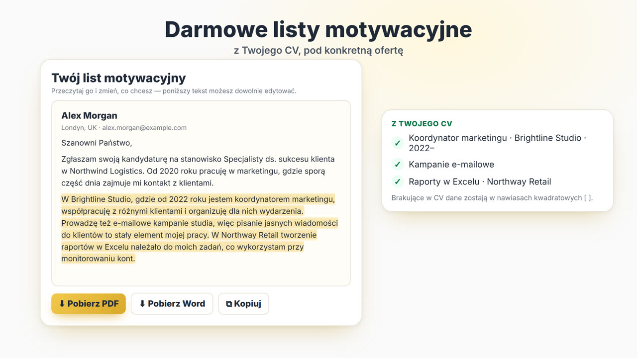 Jak działa generator listów motywacyjnych MyEasyCV: prześlij CV, wklej ogłoszenie o pracę, otrzymaj list motywacyjny, pobierz go jako PDF lub Word, a potem dopasuj CV do tej samej oferty.