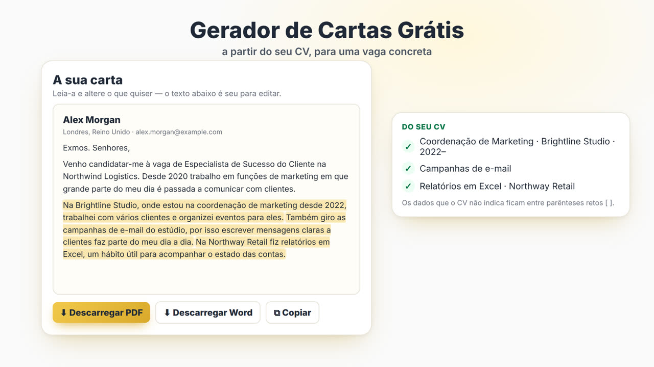 Como funciona o Gerador de Cartas de Apresentação do MyEasyCV: carregue o seu CV, cole a oferta de emprego, obtenha uma carta, descarregue-a em PDF ou Word e adapte o CV à mesma vaga.