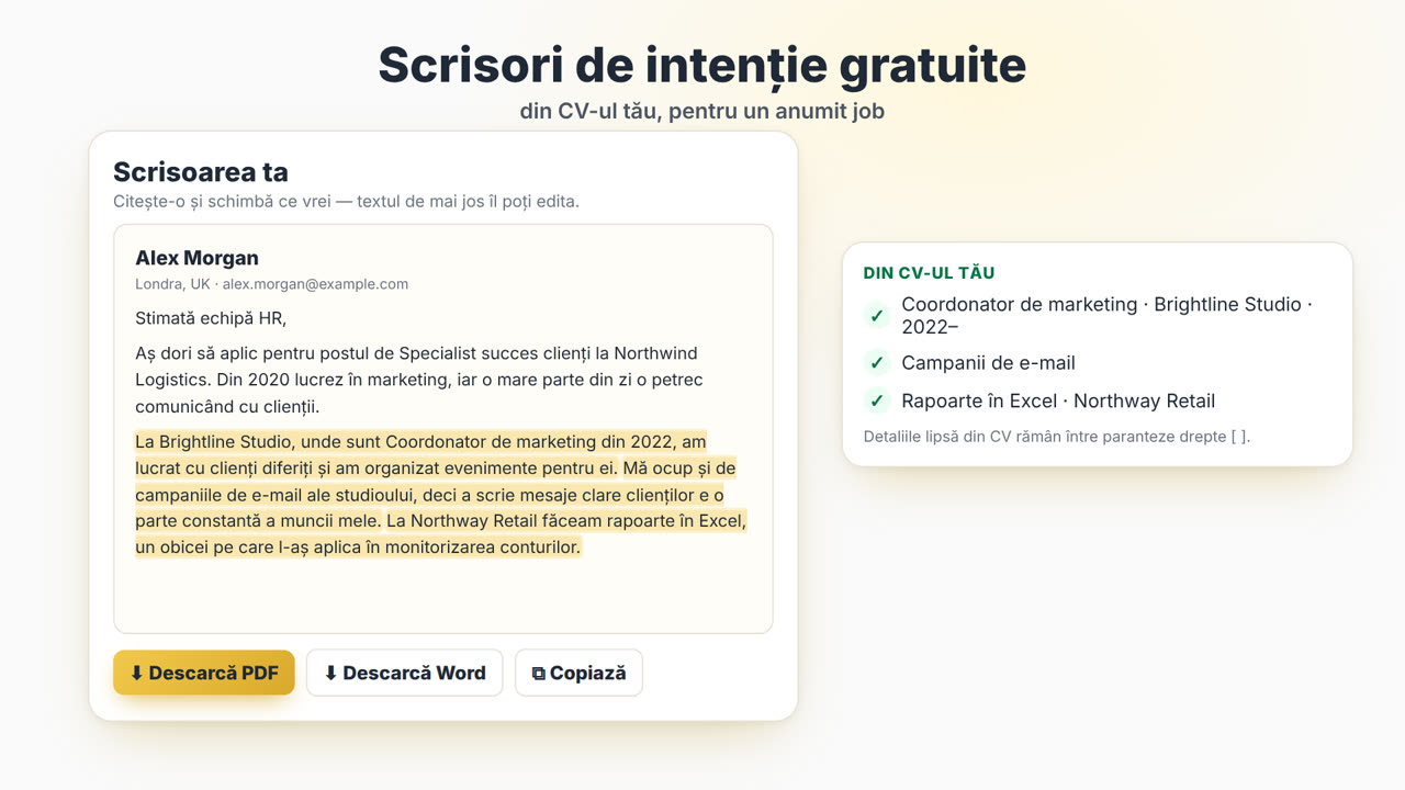 Cum funcționează generatorul de scrisori de intenție MyEasyCV: încarci CV-ul, lipești anunțul de angajare, primești o scrisoare de intenție, o descarci ca PDF sau Word, apoi îți adaptezi CV-ul la același job.
