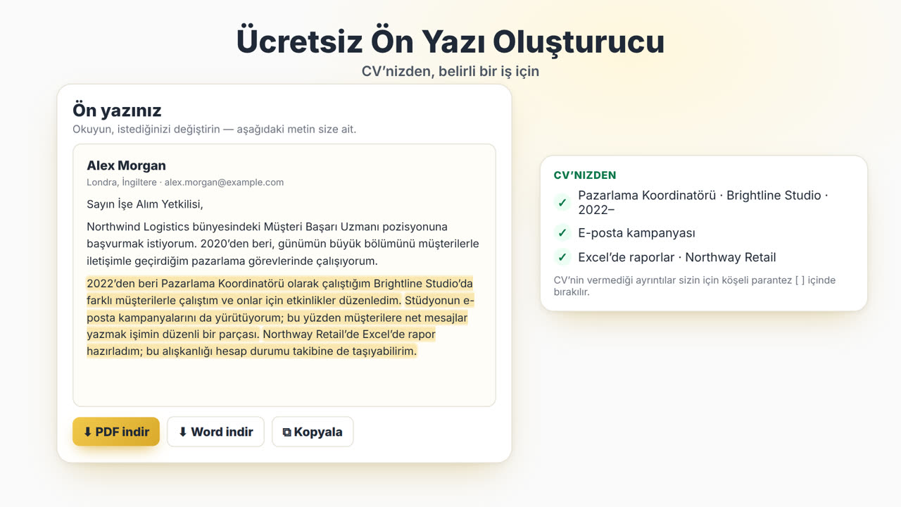 MyEasyCV Ön Yazı Oluşturucu nasıl çalışır: CV’ni yükle, iş ilanını yapıştır, ön yazını al, PDF veya Word olarak indir, sonra CV’ni aynı işe uyarla.
