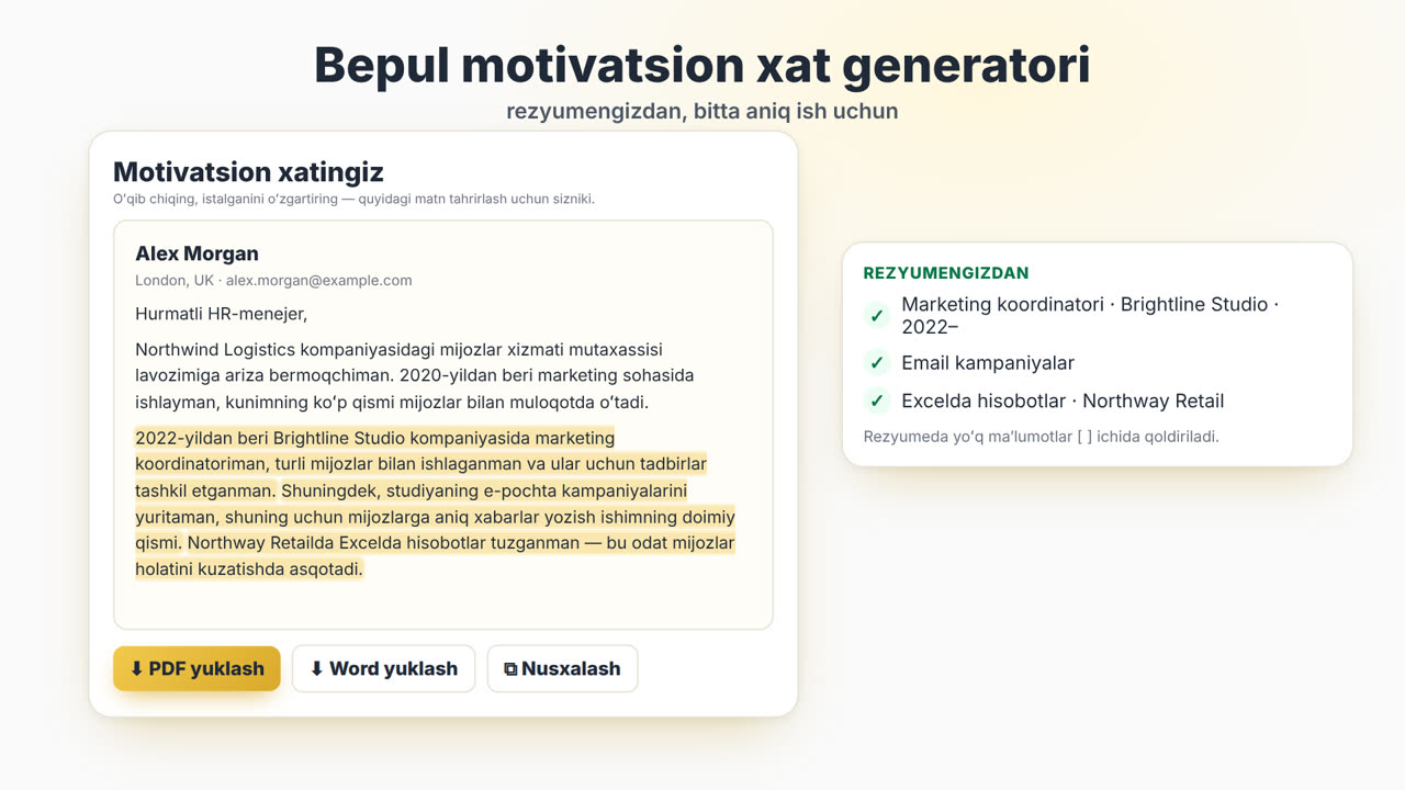 MyEasyCV motivatsion xat generatori qanday ishlaydi: rezyumengizni yuklang, vakansiya tavsifini joylashtiring, motivatsion xatni oling, PDF yoki Word sifatida yuklab oling, soʻng rezyumeni ham shu ishga moslang.