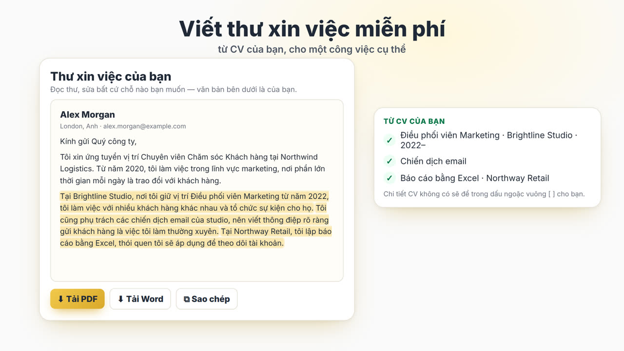 Cách công cụ viết thư xin việc MyEasyCV hoạt động: tải CV lên, dán mô tả công việc, nhận thư xin việc, tải về dạng PDF hoặc Word, rồi tùy chỉnh CV theo cùng công việc.