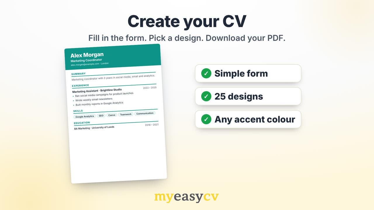 How to create a CV with MyEasyCV: fill in the form, choose a design and colour, generate the CV, edit it and download the PDF