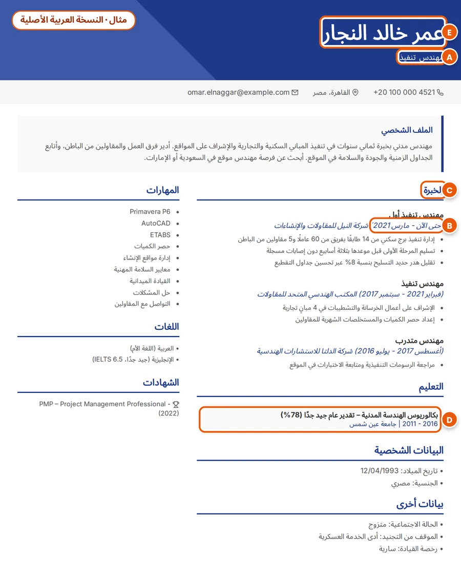مثال: السيرة العربية الخيالية لعمر خالد النجار؛ المسمى الوظيفي والتواريخ وعنوان قسم والبكالوريوس والاسم مُعلَّمة من A إلى E