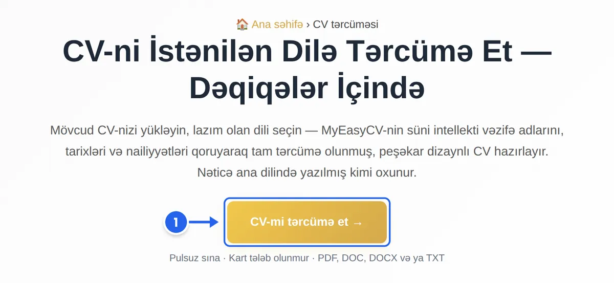 MyEasyCV-nin CV tərcüməsi səhifəsi; «CV-mi tərcümə et» düyməsi 1-ci addım kimi işarələnib