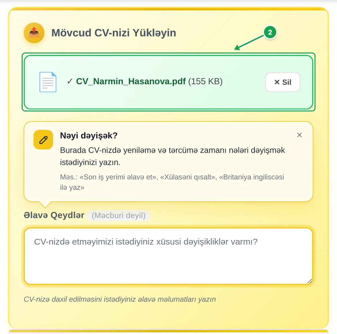 MyEasyCV qurucusunun yükləmə bölməsi: əlavə olunmuş CV_Narmin_Hasanova.pdf faylı 2-ci addım kimi işarələnib, altında «Nəyi dəyişək?» kartı və boş Əlavə Qeydlər sahəsi