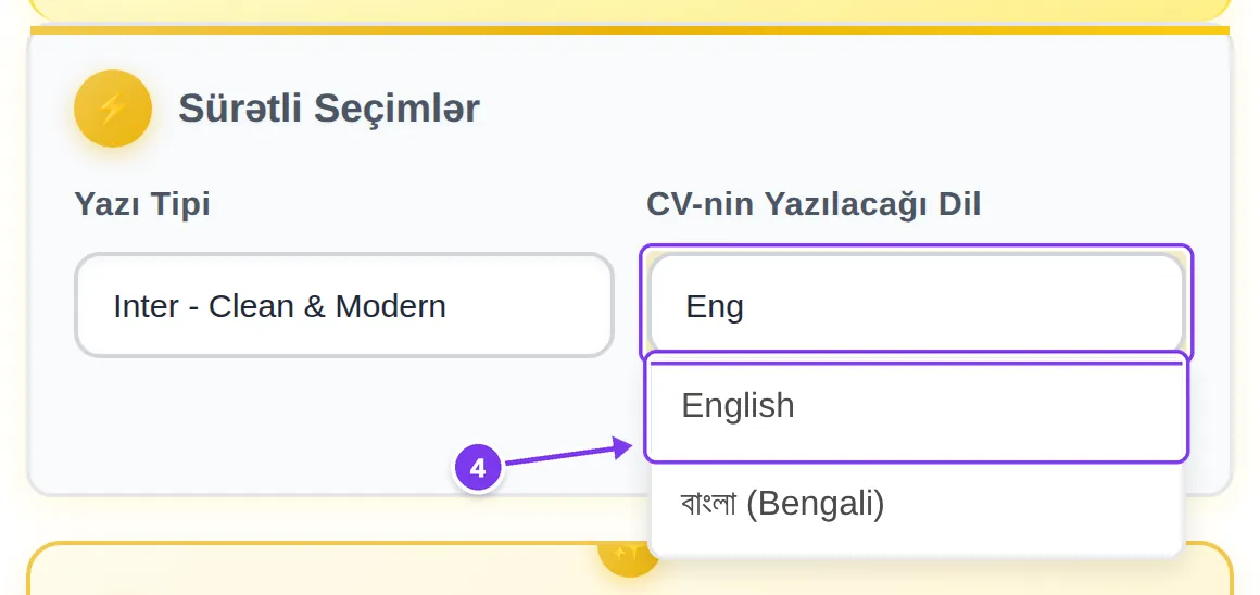 CV-nin Yazılacağı Dil sahəsinə «Eng» yazılıb, süzülmüş siyahının başında English; 4-cü addım kimi işarələnib