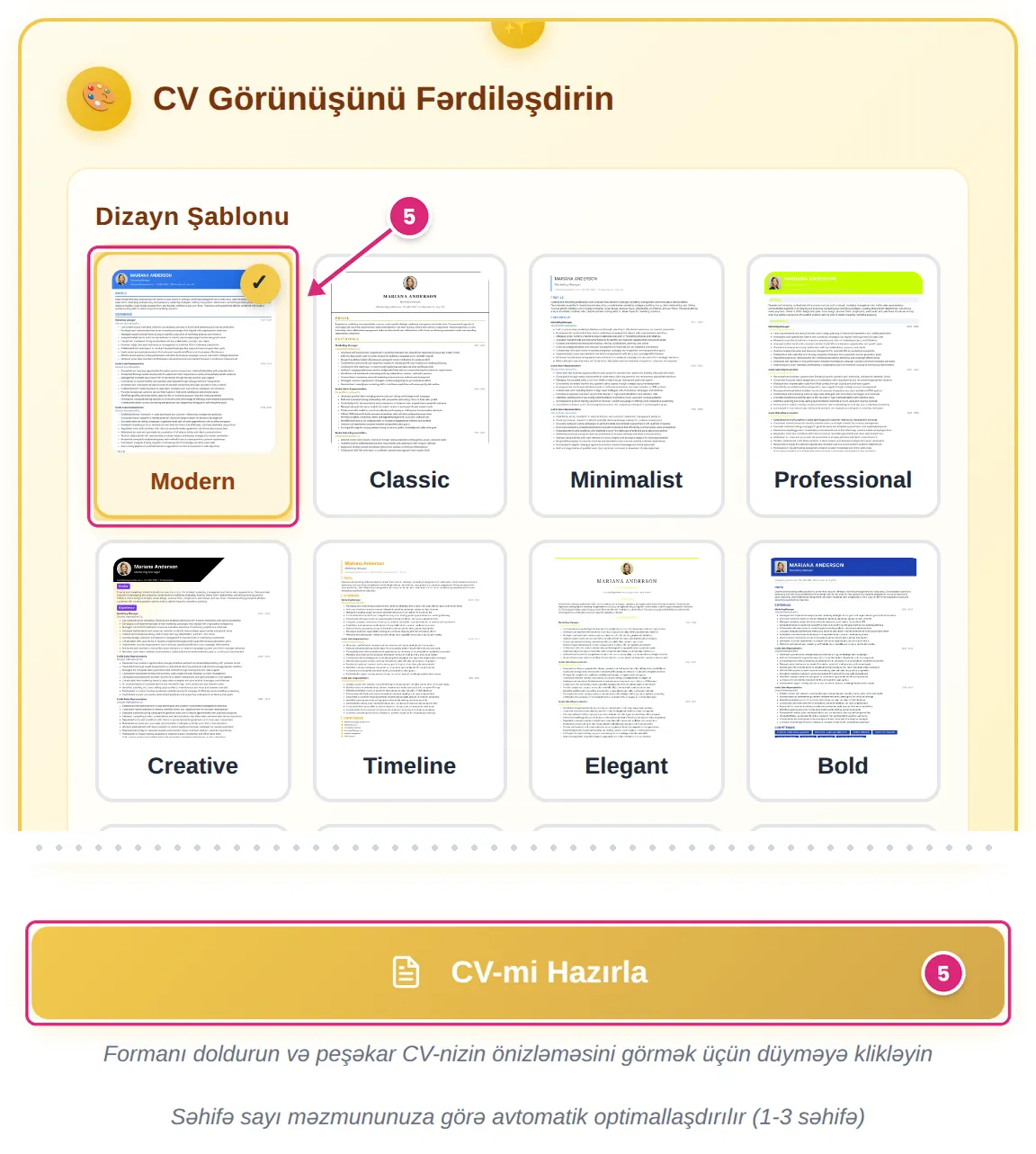 Modern dizaynı seçilmiş dizayn şəbəkəsi və CV-mi Hazırla düyməsi, hər ikisi 5-ci addım kimi işarələnib