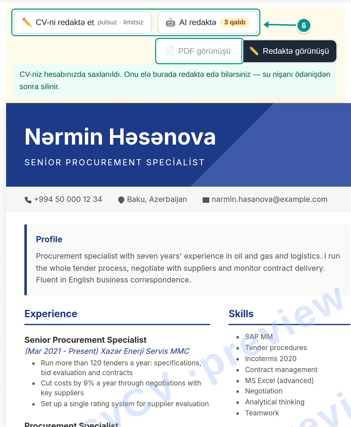 MyEasyCV önizləməsində su nişanlı, ingiliscəyə tərcümə olunmuş CV; CV-ni redaktə et, AI redaktə və PDF görünüşü düymələri 6-cı addım kimi işarələnib