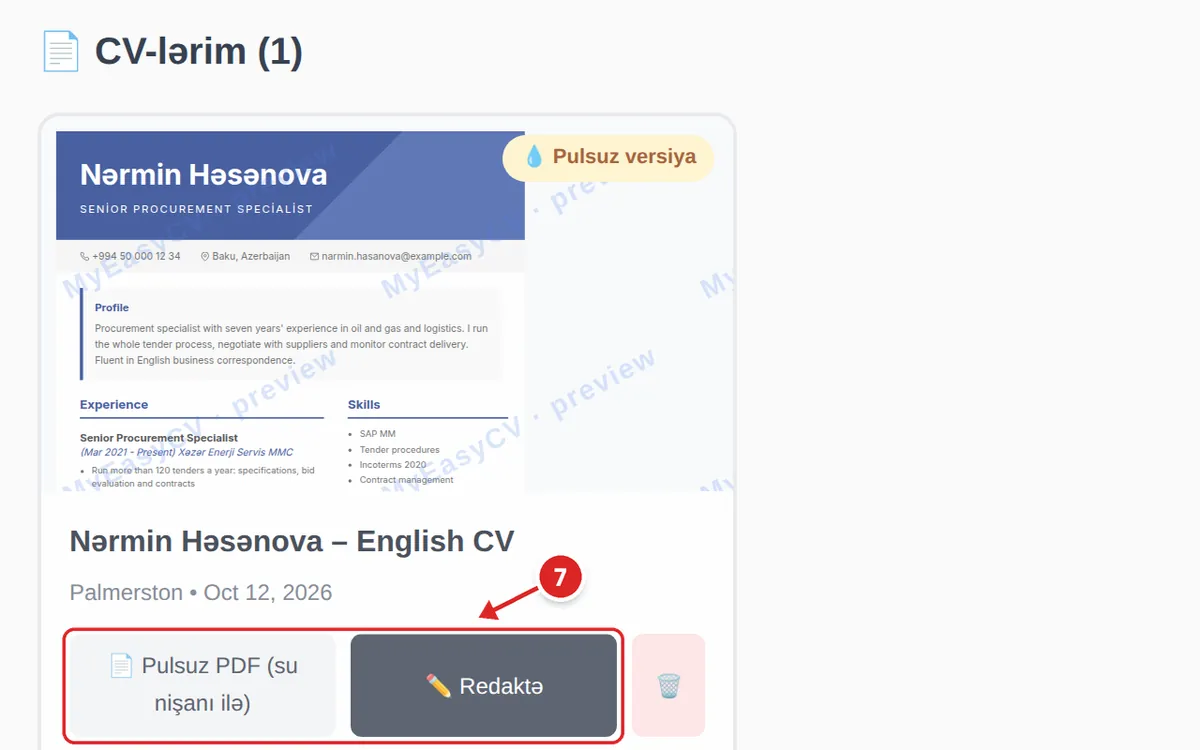 İdarə panelində saxlanmış «Nərmin Həsənova – English CV»; Pulsuz PDF (su nişanı ilə) və Redaktə düymələri 7-ci addım kimi işarələnib