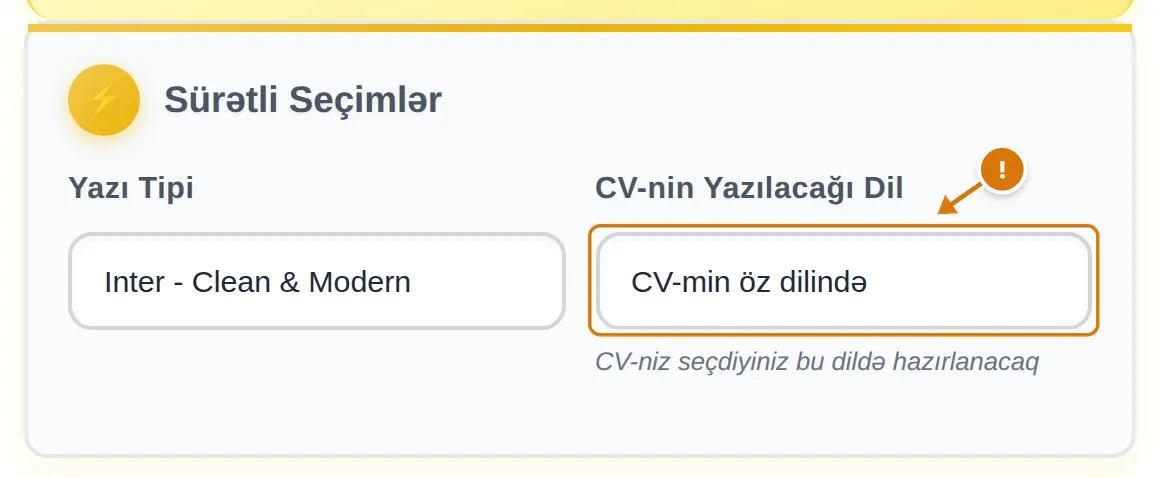 «CV-min öz dilində» seçilmiş CV-nin Yazılacağı Dil sahəsi, xəbərdarlıq işarəsi ilə