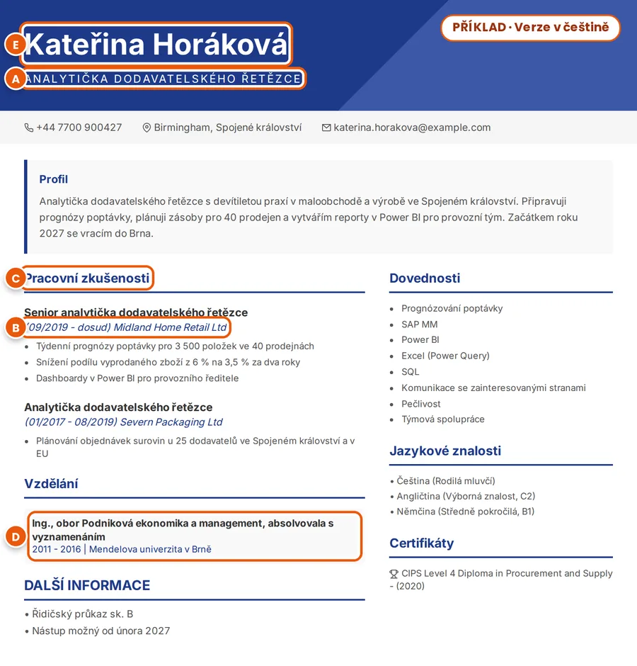 Příklad: stejný životopis v češtině; jméno s diakritikou, pozice v ženském tvaru, data, nadpis oddílu a vzdělání s oficiálními českými názvy označené písmeny A až E
