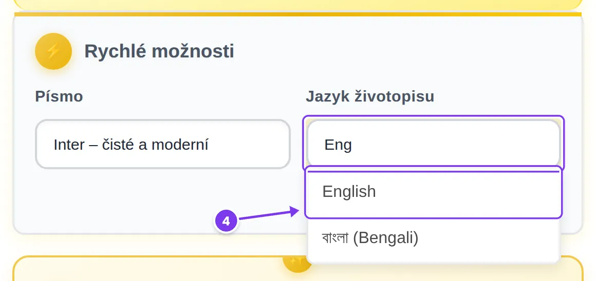 Pole Jazyk životopisu s napsaným „Eng“ a možností English na začátku vyfiltrovaného seznamu, označené jako krok 4