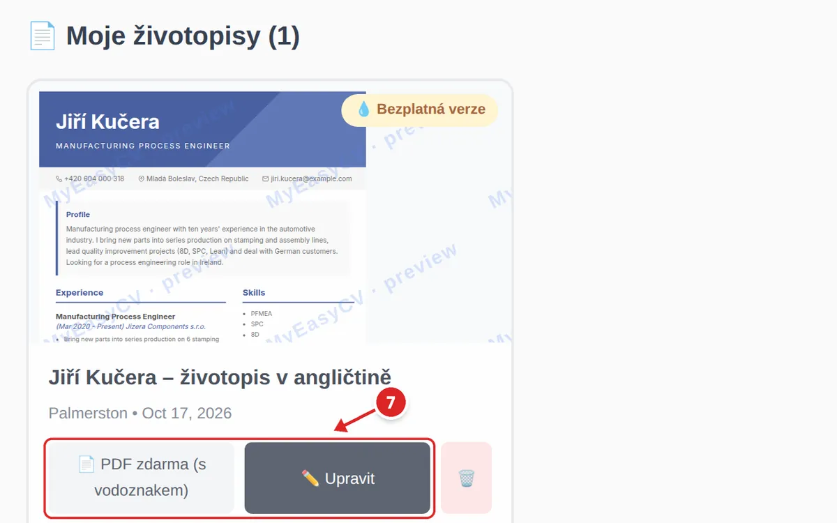 Účet s uloženým životopisem „Jiří Kučera – životopis v angličtině“; tlačítka PDF zdarma (s vodoznakem) a Upravit označená jako krok 7
