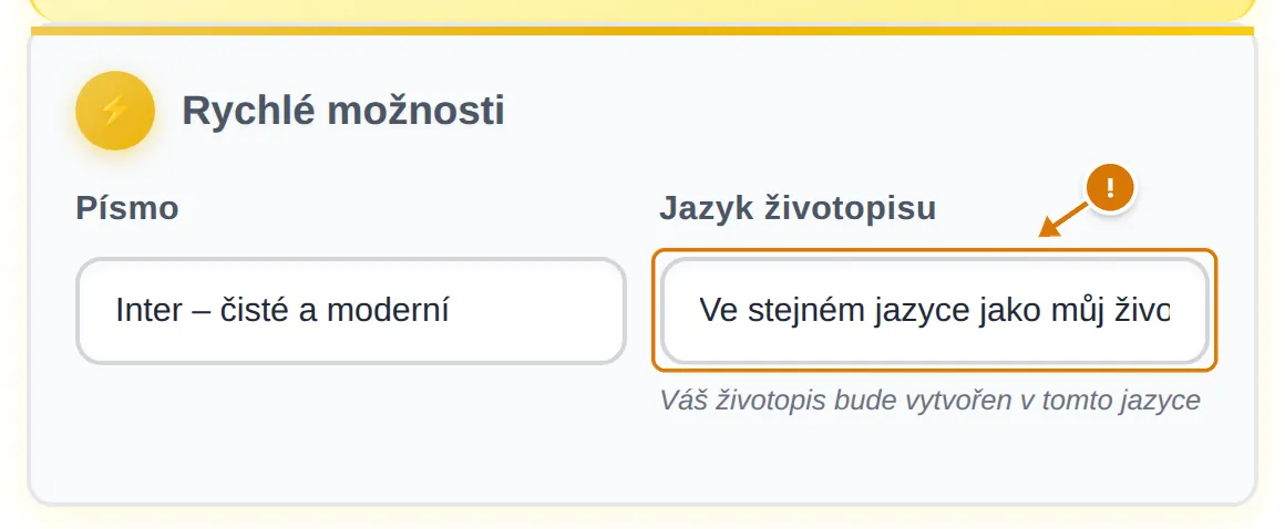 Pole Jazyk životopisu nastavené na „Ve stejném jazyce jako můj životopis“ s výstražným znakem