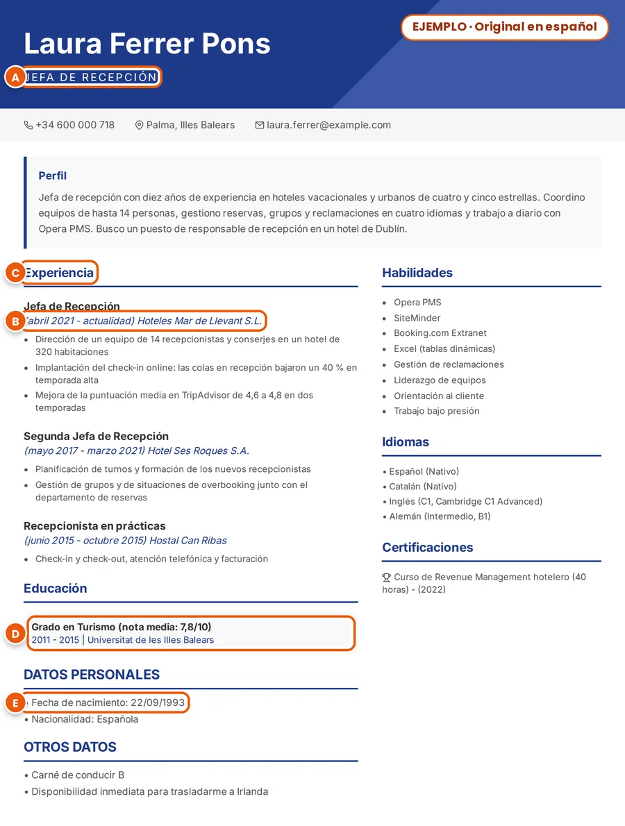Ejemplo: CV ficticio en español de Laura Ferrer Pons; cargo, fechas, un título de sección, el grado y la fecha de nacimiento marcados de la A a la E