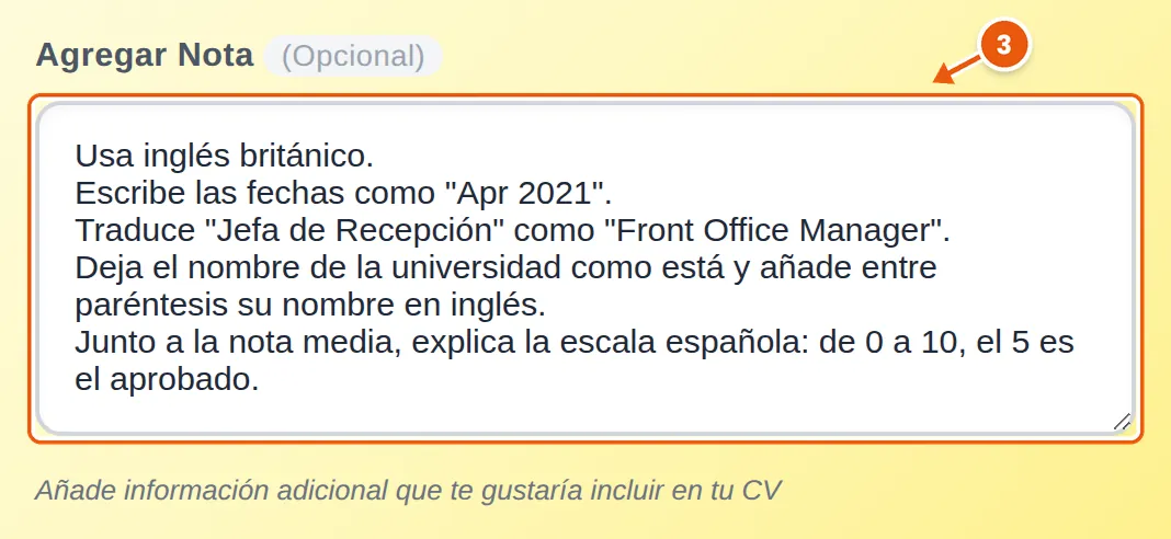 Campo Agregar Nota con cinco indicaciones: inglés británico, fechas como «Apr 2021», la traducción del cargo, el nombre de la universidad sin traducir y la explicación de la nota media