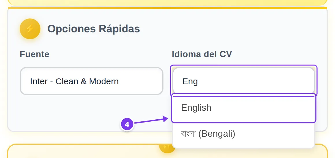 Campo Idioma del CV con «Eng» escrito y la opción English al principio de la lista filtrada, marcado como paso 4