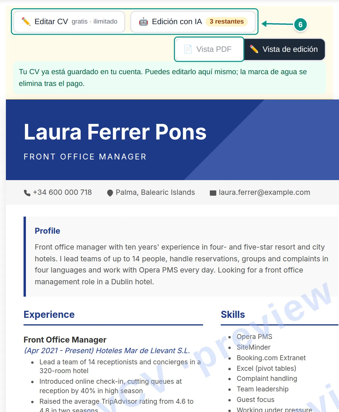 Vista previa de MyEasyCV con el CV traducido al inglés y la marca de agua; los botones Editar CV, Edición con IA y Vista PDF marcados como paso 6