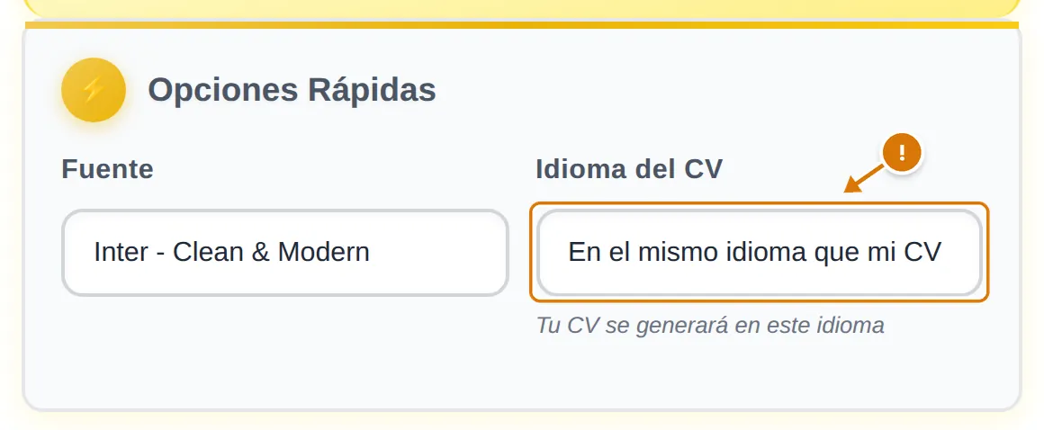 Campo Idioma del CV con «En el mismo idioma que mi CV» seleccionado, con un signo de advertencia