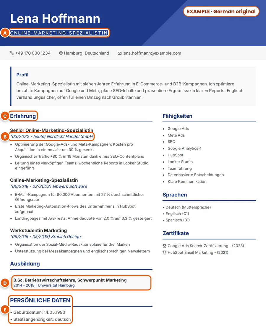 Example: fictional German CV of Lena Hoffmann, with the job title, dates, a section heading, the degree and the personal details marked A to E